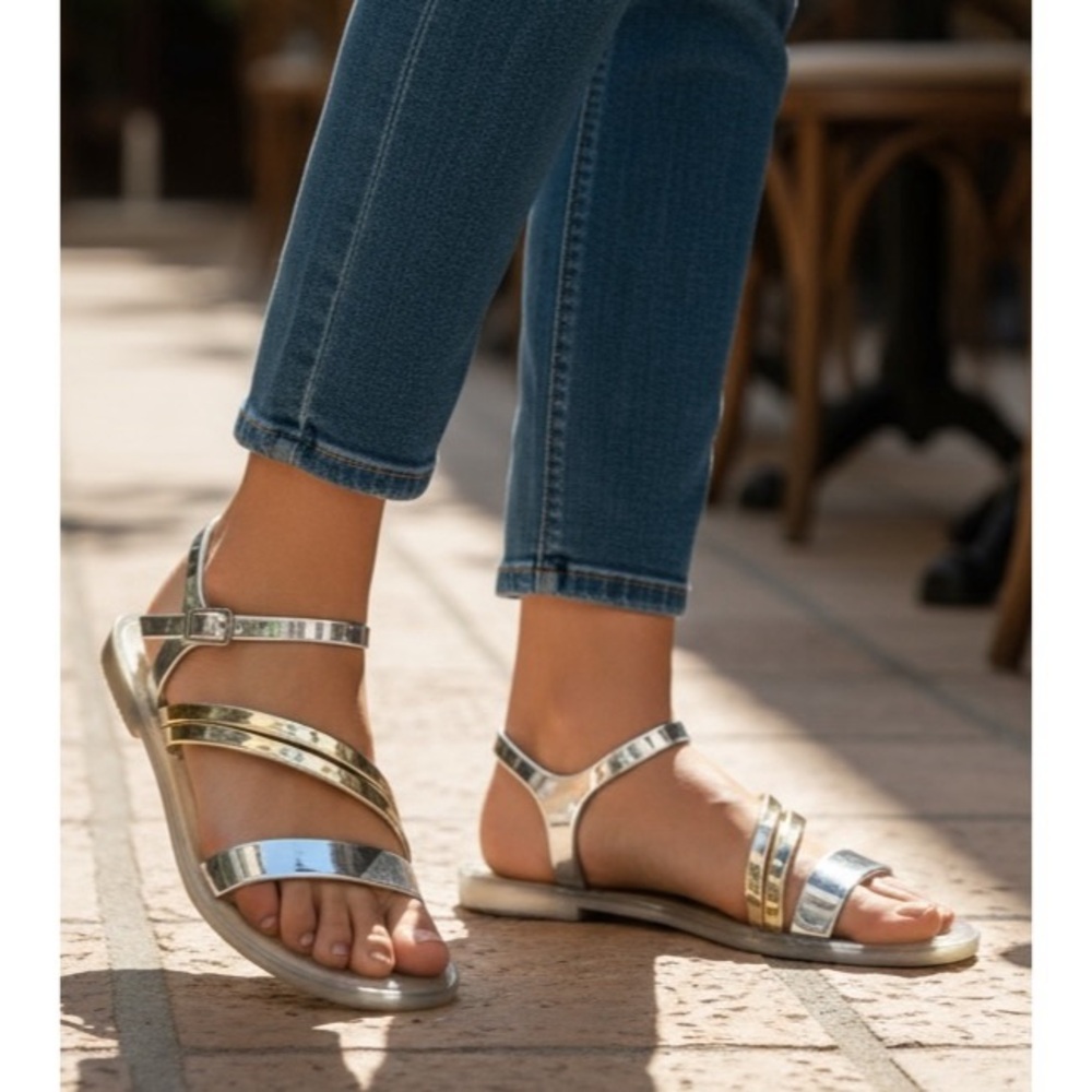 Dizzy Size 39 U.S. Size 8 Clear Silver & Gold Strappy Jelly Sandals